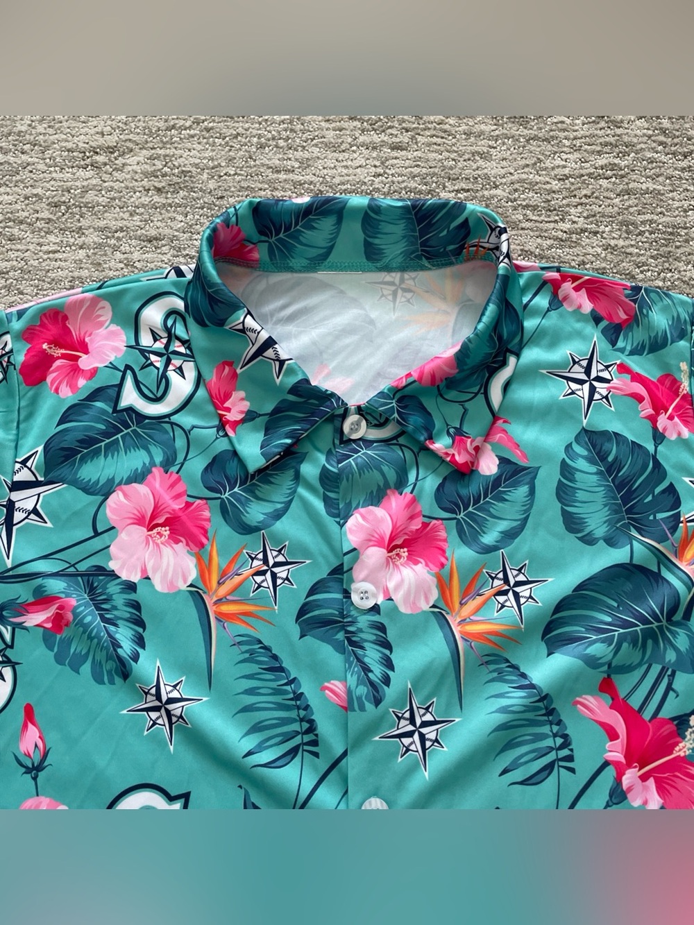 Seattle Mariners Hawaiian Shirt Mens Small Teal Pink Floral SGA Tropical MLB